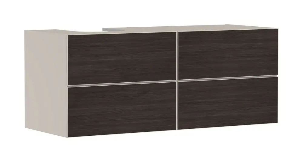 Waschtischunterschrank in sandbeige mit vier Schubkästen. Von Hansgrohe, geeignet für Konsolenaufsatzwaschtische. Funktionales, schlichtes Design.